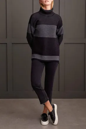 Tribal Two Tone Ottoman Turtleneck Sweater In Black