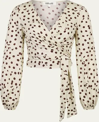 Diane Von F&uuml;rstenberg Phoebe Polka-Dot Animal-Pattern Wrap Top