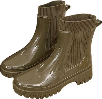 Generic Pangolin Womens Ankle Wellies -Waterproof Chelsea Rain Boots with Knit Sock Collar, Non-Slip Lug Sole, Lightweight Garden & Dog-Walking Wellington Boo