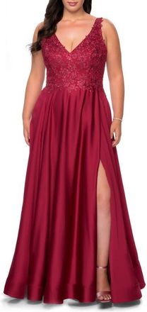 La Femme A-line Plus Size Dress with Rhinestone Lace Bodice in Wine at Nordstrom, Size 14W