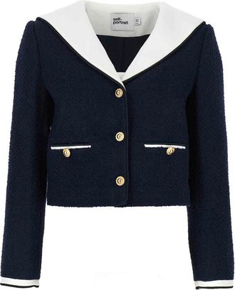Self Portrait Navy Boucle Contrast Collar Blazer