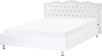 Beliani Cama Con Somier De Piel Sint&eacute;tica Blanco Plateado 160 X 200 Cm Cabecero Botones Metz