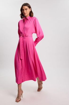 Karen Millen Womens Premium Viscose Linen Woven Shirt Dress With Gold Buckle Belt - Pink - Size 16 UK