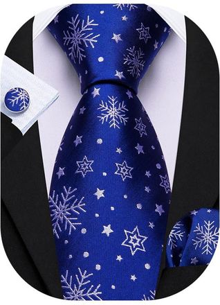 Barry.Wang Christmas Ties Festive Blue Necktie Xmas Snowflakes Silk Pocket Square Cufflinks Holiday