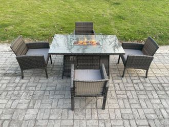 Fimous Outdoor Rattan Garden Furniture Set Gas Fire Pit Rectangular Table Sets Gas Heater with 4 Seater Dining Chairs Dark Grey Mixed