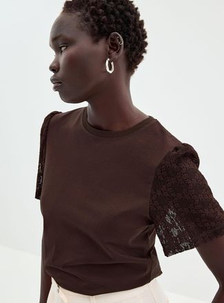 Contemporaine Womens Lace puff-sleeve dual-material T-shirt