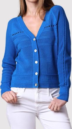 Minnie Rose Pointelle Mix V-Neck Cardigan In Bayou Blue