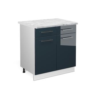 Vicco Mueble Bajo De Cocina Fame-line, Azul Oscuro Alto Brillo, 80 Cm, Et M&aacute;rmol