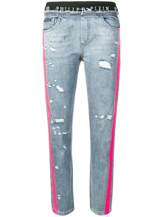 Philipp Plein gerafelde jeans met zijstreep - Blauw