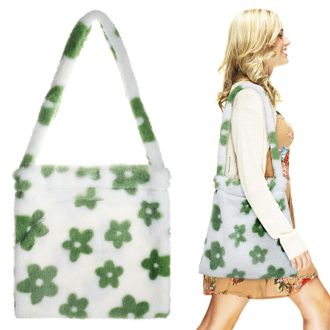 Supvox Green Plush Flower Bag Soft Furry Shoulder Tote for Women and Large Crossbody Phone Storage Pouch Creative Cute Handbag