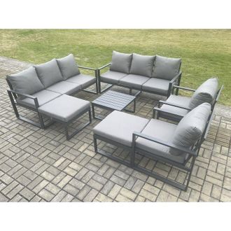 Fimous Fimous Aluminium Patio Outdoor Garden Furniture Lounge Sofa Set with Square Coffee Table 2 Chairs 2 Big Footstools Dark Grey