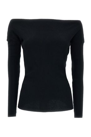 P.A.R.O.S.H. Black Ribbed Wool Off-Shoulder Top
