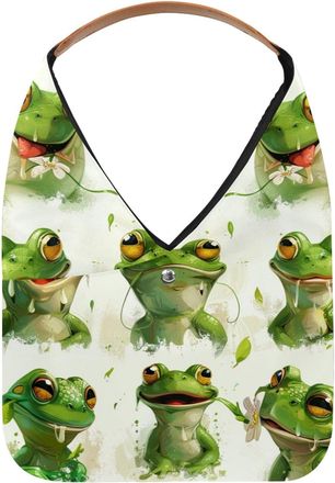 Generic Cute green frog pattern (1) Reusable Lightweight Grocery Bags - Foldable Into Compact Pouch, Washable & Sturdy, Multipurpose for Shopping and Travel