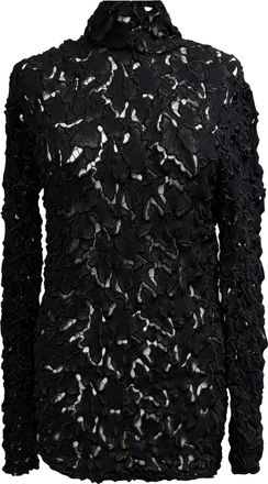 Bottega Veneta Bottega Veneta blouse met kanten patroon en opstaande kraag in zwart polyester