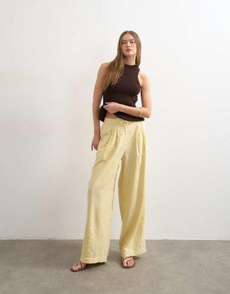 Topshop Pantaloni a palloncino misto lino allacciati in vita color latticello-Neutro