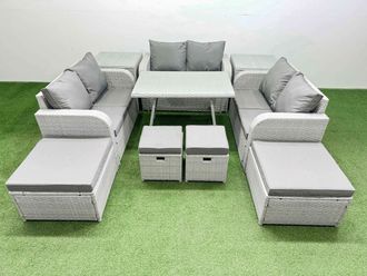 Fimous 10 Seater Patio Garden Furniture Sets with Dining Table Love Sofa in Light Grey