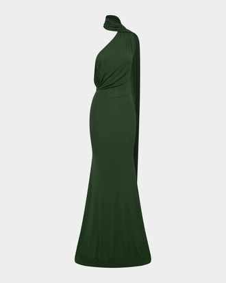 Alex Perry One-Shoulder Scarf-Neck Jersey Maxi Dress