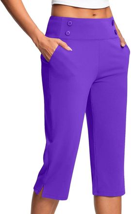 Generic Capri Pants for Women Ladies Cropped Pants High Waist Stretch Bottoms Yoga 3/4 Dress Pant with Pockets Summer Elegant Crop Trouser Office Business Wor