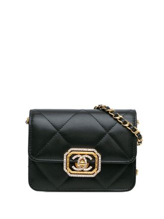 Chanel 2021-2024 Quilted Calfskin Strass Card Holder On Chain crossbody bag - women - Leather - One Size - Black