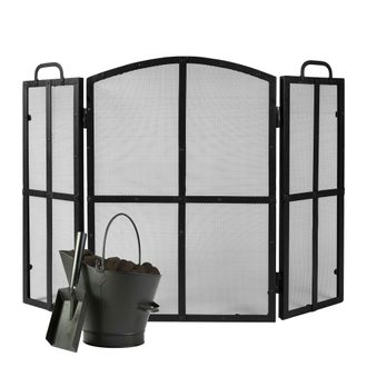 Dibor Vintage Style Blacksmith 3-Fold Fire Screen Fire Guard H71cm x W102cm with Fireplace Coal Bucket with Shovel in Black