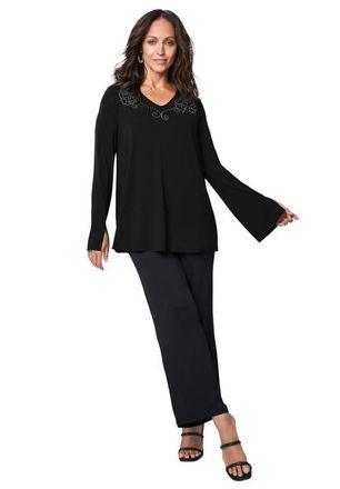 Jessica London V-Neck Embellished Tunic in Black Floral Studs at Nordstrom, Size Medium