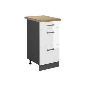 Vicco Mueble Bajo De Cocina R-line, Blanco Alto Brillo, 40 Cm Con Cajones, Et Roble