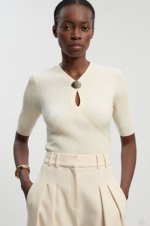 Karen Millen Womens Rib Knit Trim Detail Short Sleeve Top - White Polyamide - Size X-Small