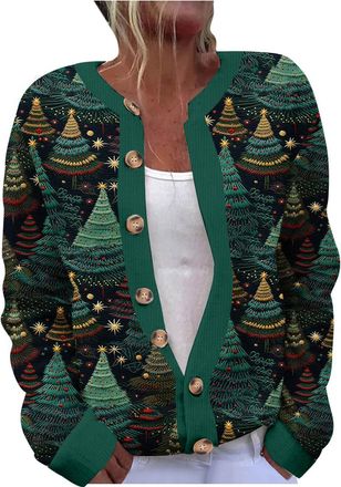 Generic Ugly Christmas Cardigans for Women UK Xmas Sweatshirts Soft Holiday Long Sleeve Button Down Xmas Knit Sweaters Open Front Casual Cardigan Coats Funny 