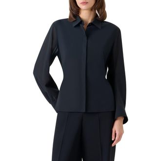 Akris Drawstring Cotton Voile Button-Up Shirt in Black at Nordstrom, Size 14