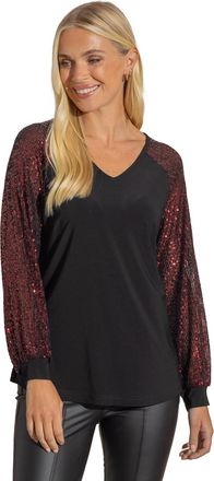 Klass Sequin Long Sleeve Stretch Top - Black/RED - XL