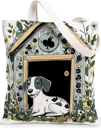 Generic Spring Whippet Dog Canvas Tote Bag for Shopping 13x15, Fun Flower Puppy Kennel Reusable Grocery Print Pattern Bag for Women, Cute Pet Beach Aesthetic 