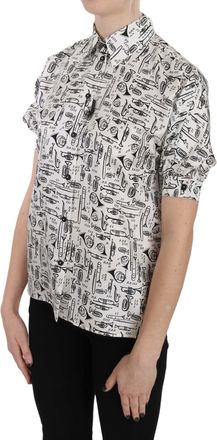 Dolce & Gabbana Trumpet Print Button Front Silk Top Womens Blouse