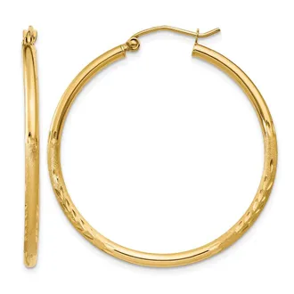 Diamond2Deal 14k Gold Satin & Diamond-cut 2x35mm Round Hoop Earrings