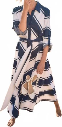 Joseph Ribkoff Striped Belted Midi Fit And Flare Dress In Navy/white