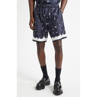 Givenchy Floral Elastic Waist Silk Shorts in Dark Navy at Nordstrom, Size 32 Us
