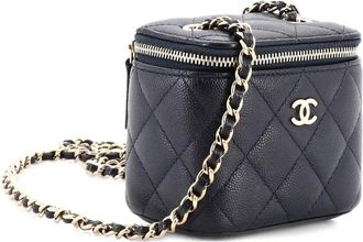 Chanel Trousse make up mini in pelle Caviar trapuntata con catena - Blu