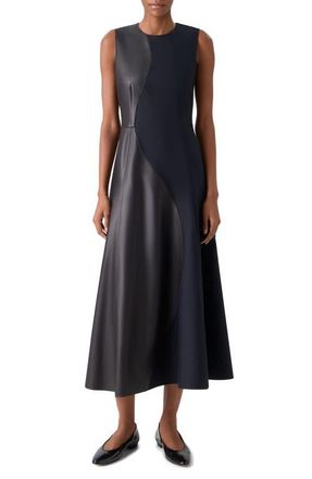 Akris Leather Patch Cotton & Wool Midi Dress in Black at Nordstrom, Size 10
