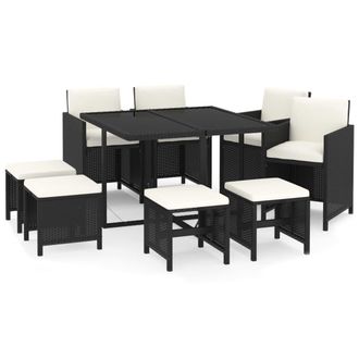 vidaXL Vidaxl - Set De Comedor De Jard&iacute;n 9 Pzas Y Cojines Rat&aacute;n Sint&eacute;tico Negro