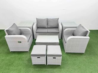 Fimous Light Grey PE Wicker Rattan Garden Furniture Set Sofa Set Reclining Adjustable Chair Rectangular Coffee Table 6 Seater 2 Small Stools 2 Side