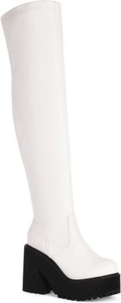 Generic Womens Chunky Sole Thigh-High Boots with Side Zip,Platform & Elastic Fit,White,7.5 UK