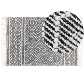 Beliani Alfombra De Lana Negro Blanco 160 X 230 Cm Algod&oacute;n A Mano Geom&eacute;trico Borlas Savuca