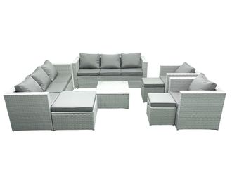Fimous Outdoor Rattan Sofa Garden Furniture Set with 2 Armchairs Square Coffee Table 3 Footstools Light Grey Mixed