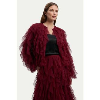 Karen Millen Tulle Ruffle Detail Woven Jacket in Cabernet at Nordstrom, Size 10
