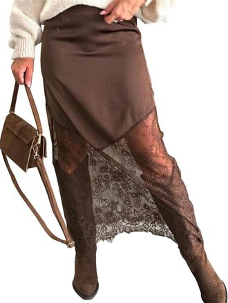 Generic Women Lace Patchwork Skirts High Waist a Line Y2K Elegant Maxi Long Skirts Party Boho Skirt, Satin Laces Skirt (Brown,M)