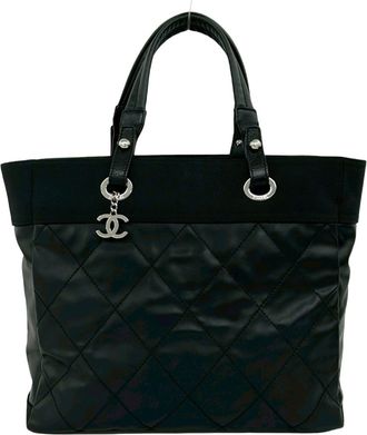 Chanel Black Leather Canvas Handbag Tote Bag (Pre-Owned)