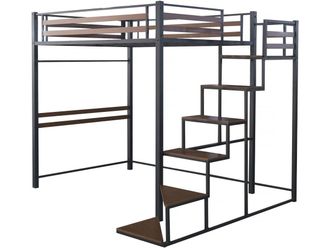 Habitat et Jardin Habitat Et Jardin - Cama Alta De Metal Con Escalera lena - 140 X 200 Cm - Negro Y Marr&oacute;n Nogal