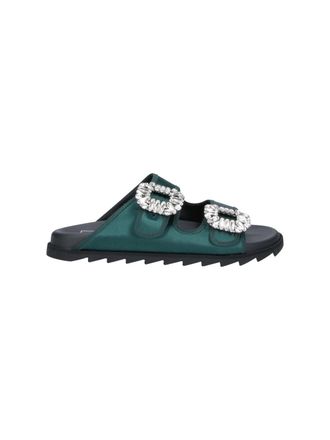Roger Vivier Green Slidy Viv Satin Strap Mules