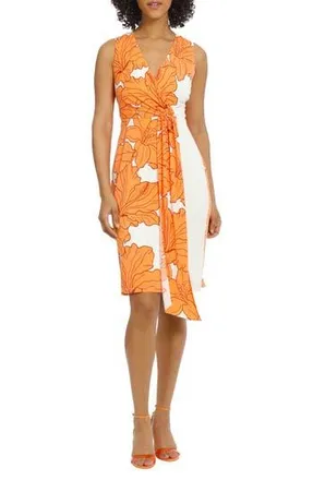 Maggy London Floral Surplice Neck Faux Wrap Dress in Ivory/Saddle Brown at Nordstrom Rack, Size 10