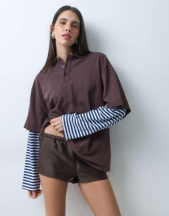 Lioness esclusiva Calla 2 in 1 polo oversize e camicia a maniche lunghe a righe in marrone cioccolato e blu-Multicolore