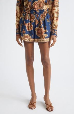 Zimmermann Aster Relaxed Fit Silk Shorts in Navy Jacobean at Nordstrom, Size 0P